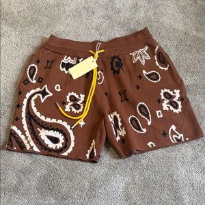 MNML Brown Paisley Knit Athletic Shorts with Yellow Drawstring